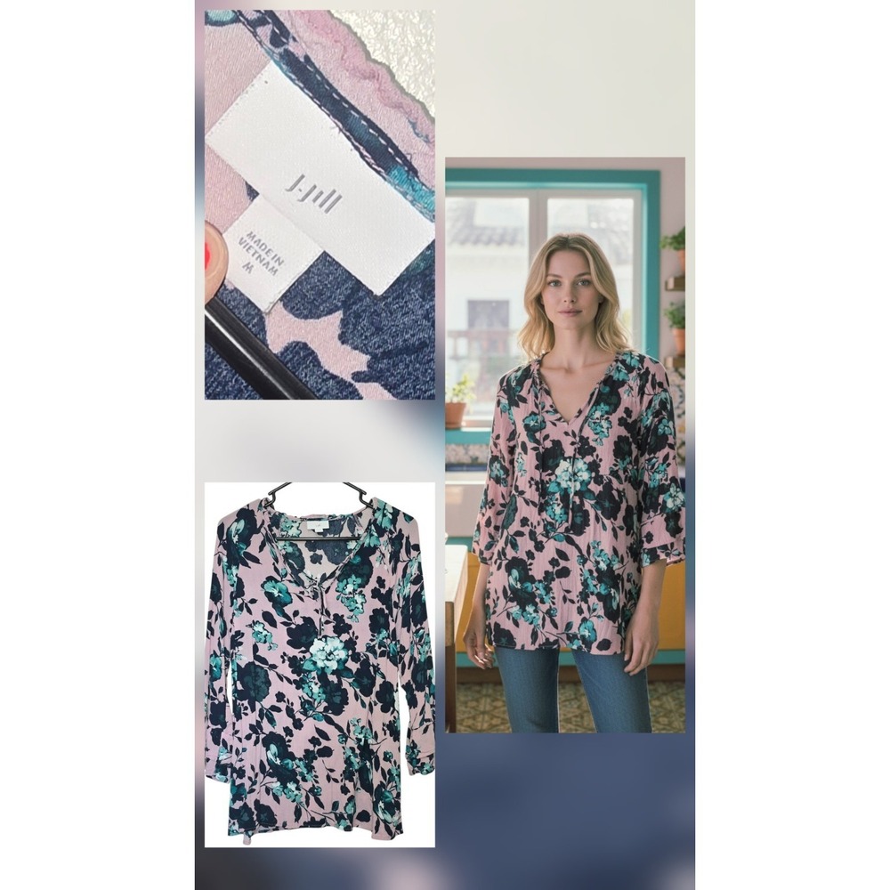 J. Jill Floral Gauze Tunic Blouse size Med Rayon Spring Lightweight Travel Top